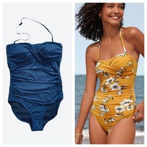 Garnet Hill Ruched Bandeau One-Piece Swimsuit blue size 8